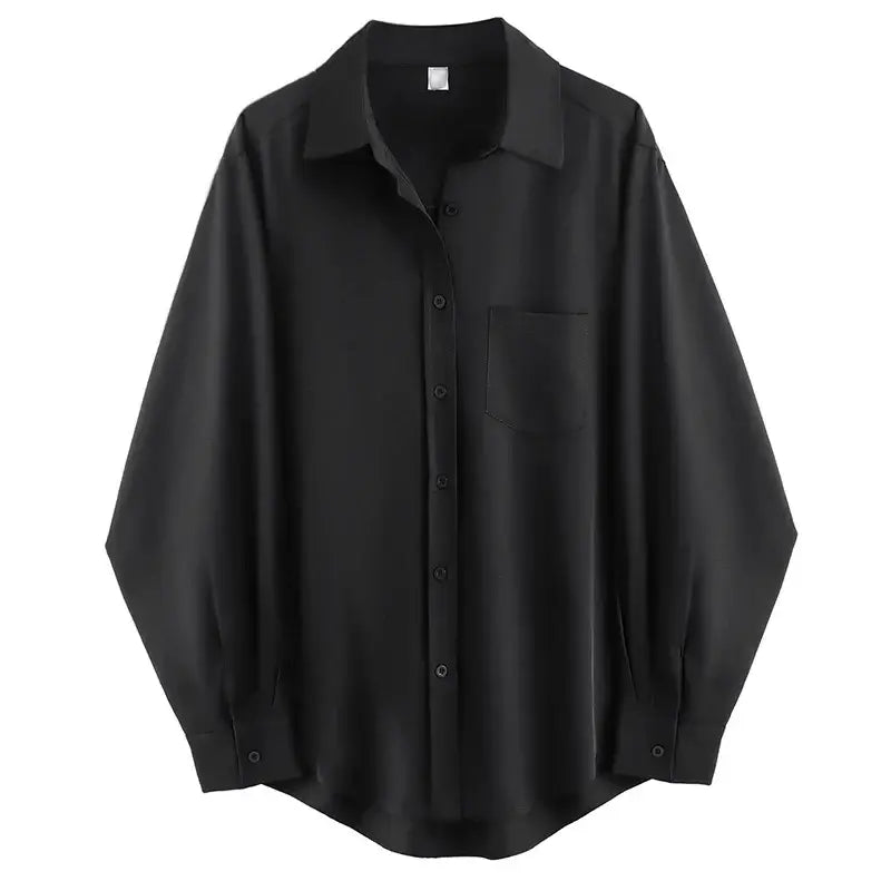 Zadily Minimalist Chic Black Oversize Button-Up Shirt for Women, Long Sleeve, Loose Fit, Versatile Tunic Blouse.