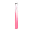 Stainless steel eyebrow tweezer with oblique tip, pink gradient design, 9.6x1cm, ideal for precision eyebrow shaping.