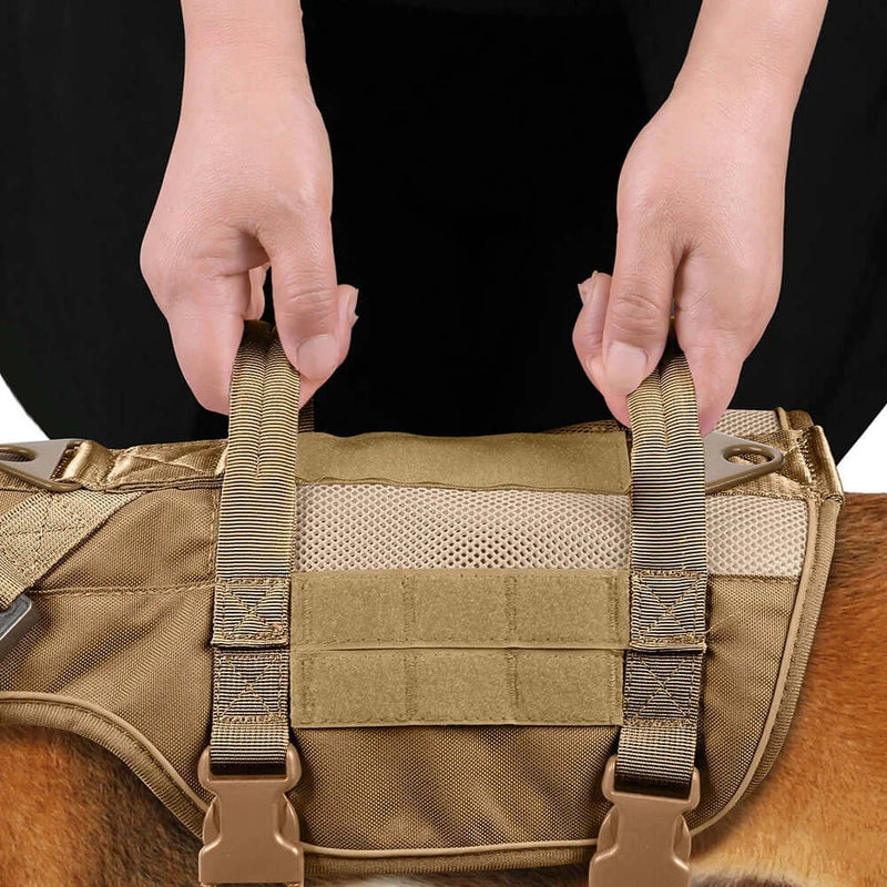 Hands adjusting a tactical military dog harness in khaki, designed for durability and training medium to large dogs.