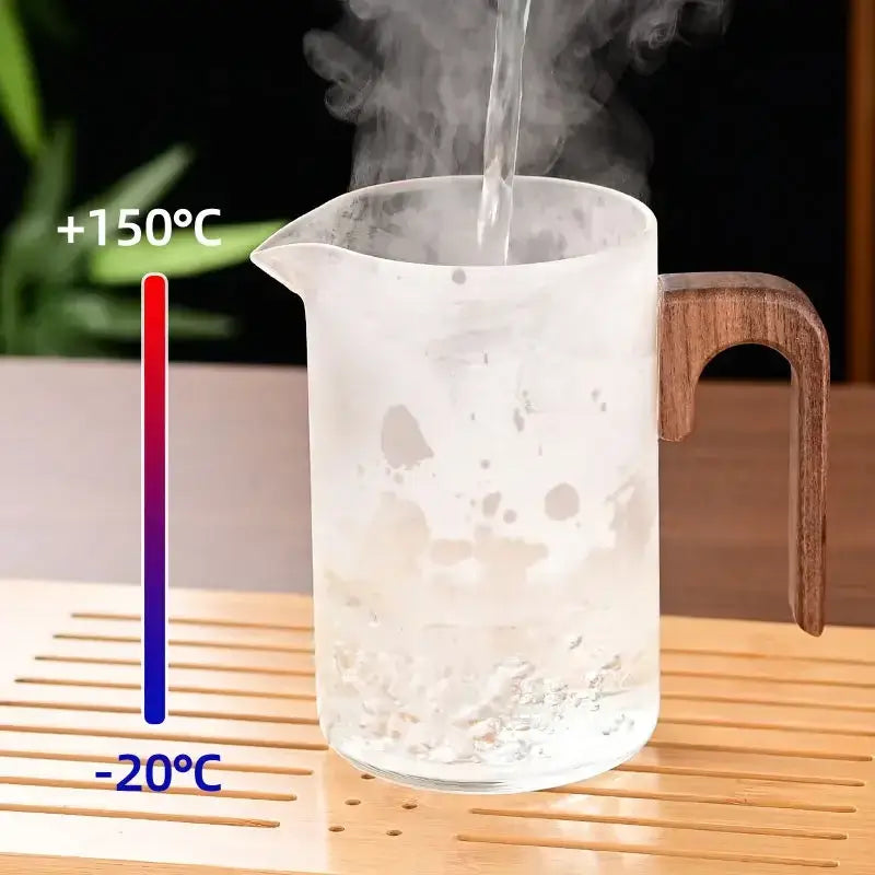 Heat-resistant glass teapot with wooden handle, showcasing steam from boiling water and temperature gauge.