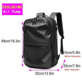 Men's casual waterproof backpack with dimensions, excluding air pump, featuring expandable storage for 17in laptop.