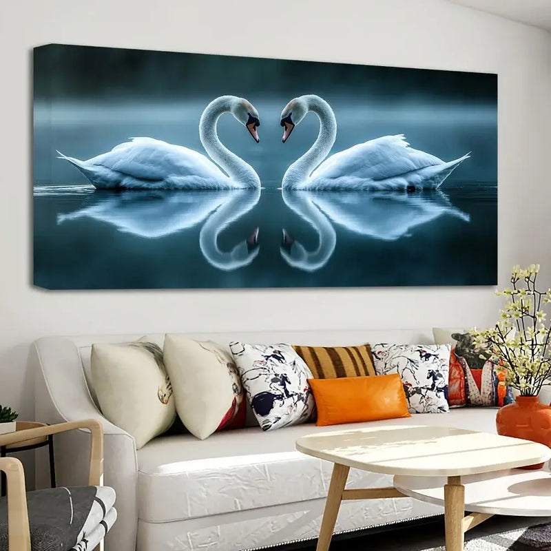 Elegant lakeside swan couple canvas poster in thick pine frame, ideal wall decor for home and dormitory.