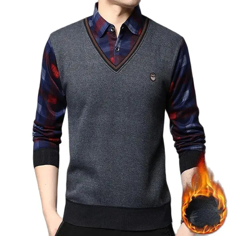 SHiONFA Men's Long Sleeve Sweater in Gray and Plaid, V-Neck Design, Casual Thick Knitted Fleece for Autumn Winter