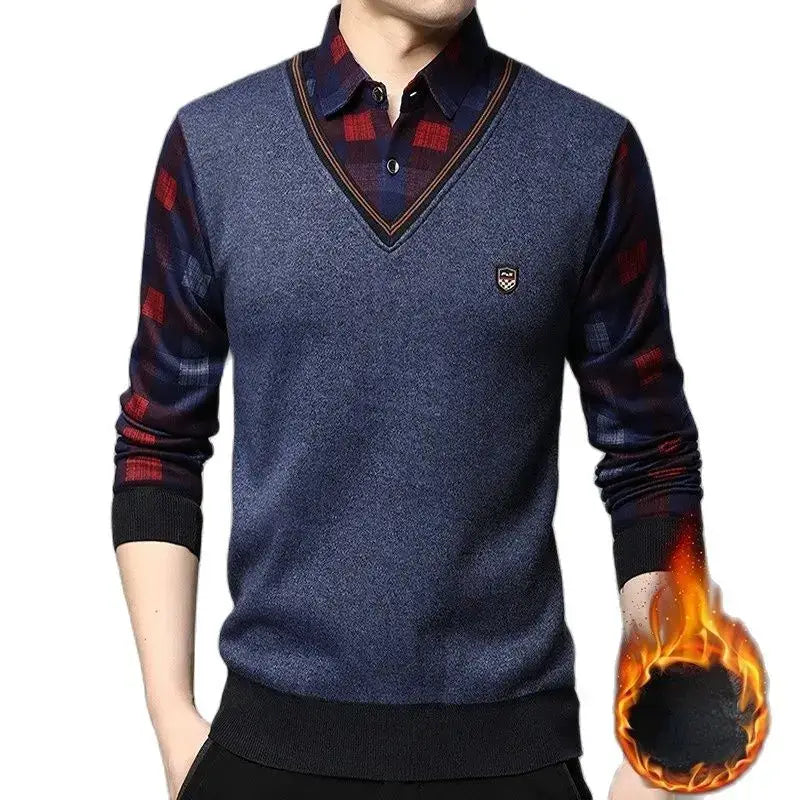 SHiONFA Men's Long Sleeve Fleece Sweater with V-Neck and Plaid Detailing for Autumn and Winter Casual Wear