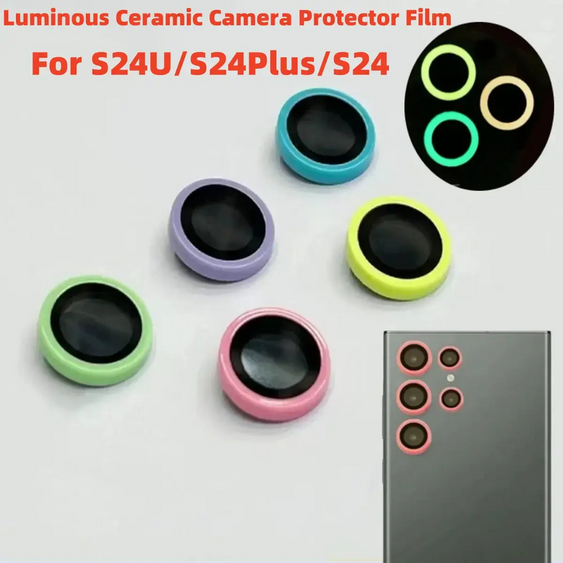 Luminous Ceramic Camera Protector Film for Samsung Galaxy S24, S24Plus, and S24, featuring colorful lens rings.