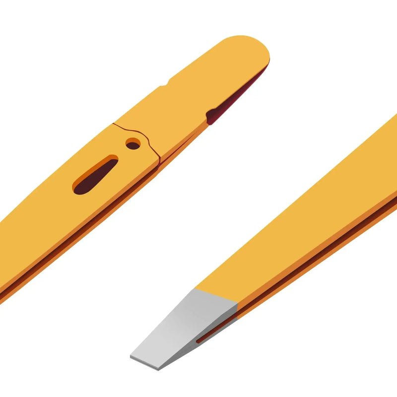 Colorful stainless steel eyebrow tweezers featuring a slanted tip for precision hair removal.