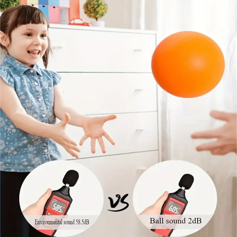 Child playing with silent bouncing basketball, demonstrating low noise levels next to environmental sound measurement.