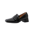 Chunky heel black women pumps made of genuine leather with square toe and belt buckle, perfect for spring and autumn.