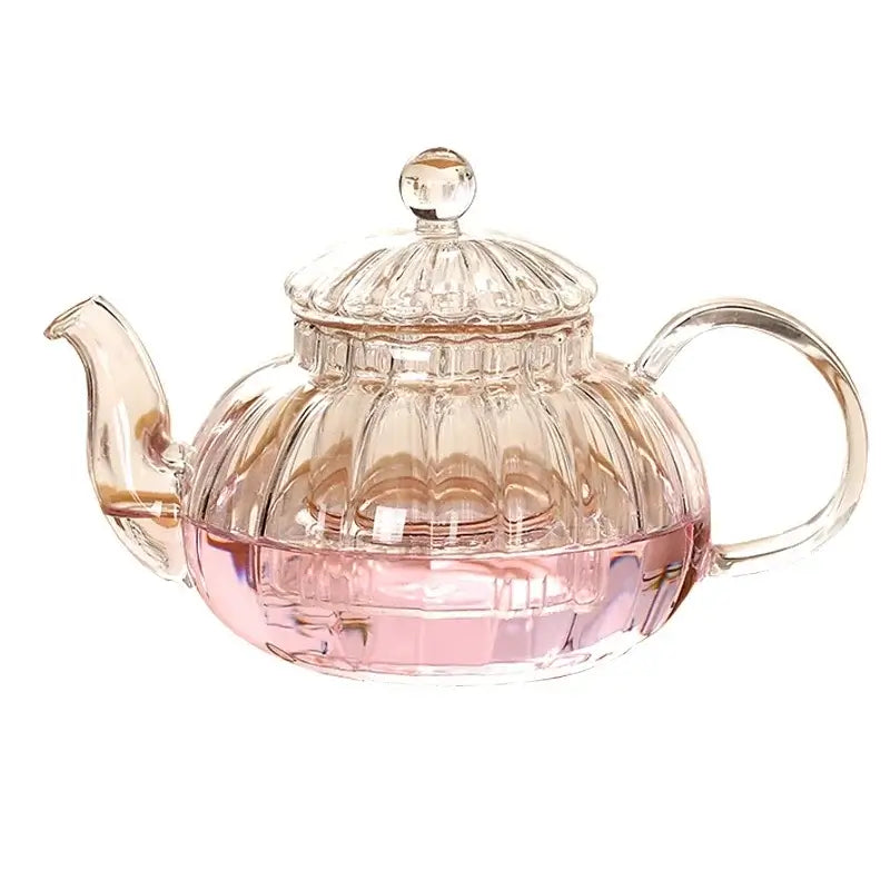 600ml striped pumpkin-shaped glass teapot with lid, heat resistant for herbal tea infusion.