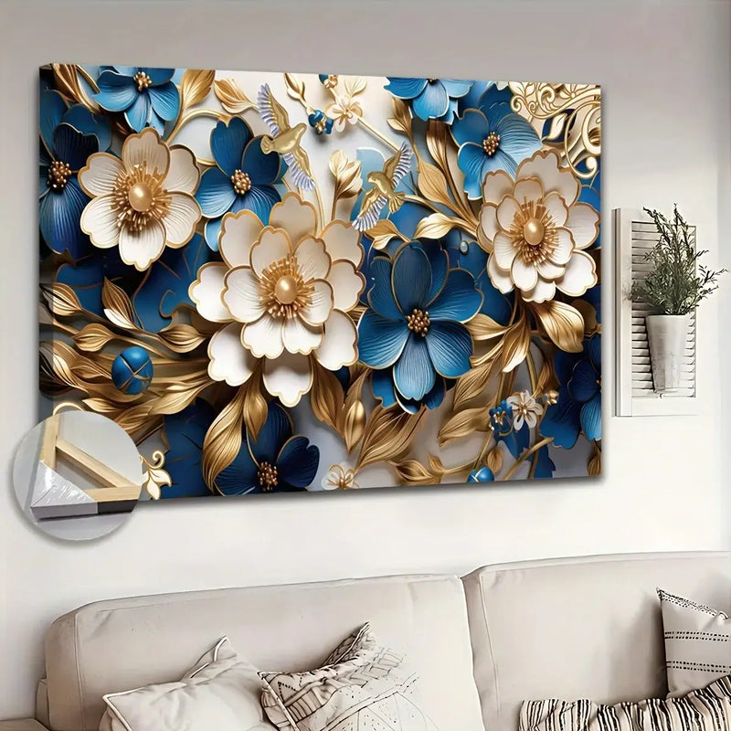 Floral canvas wall art featuring blue and gold flowers, perfect for stylish living room or bedroom decor.