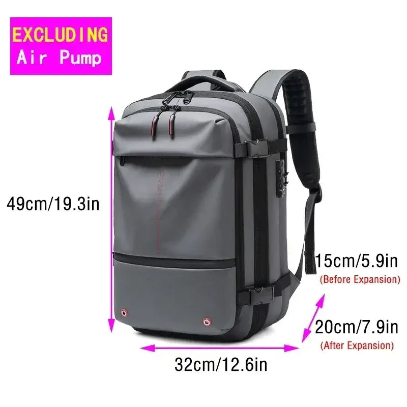 Men's waterproof travel backpack dimensions 49cm x 32cm x 15cm/20cm, featuring expandable storage and soft straps.