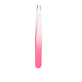 Stainless steel eyebrow tweezers with pink gradient handle, ideal for precise hair removal and makeup application.