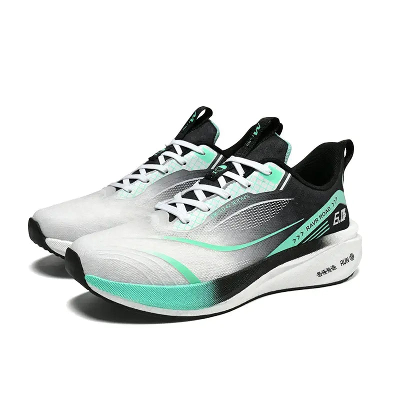 Lightweight breathable men's running shoes in black and mint with carbon plate and lace-up closure.