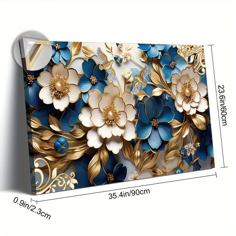 Floral Symphony Canvas Wall Art in Blue and Gold, 35.4x23.6 inch, perfect for living room or home office decor.