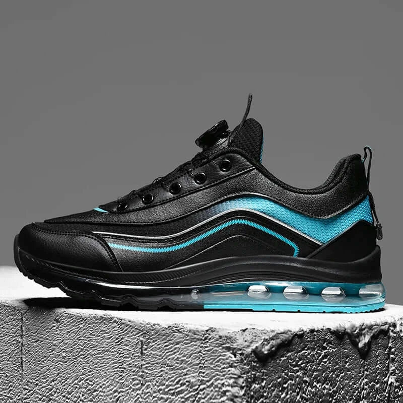 Men's black and turquoise breathable casual sneakers with air cushioning, lace-up design, perfect for running and stylish wear.