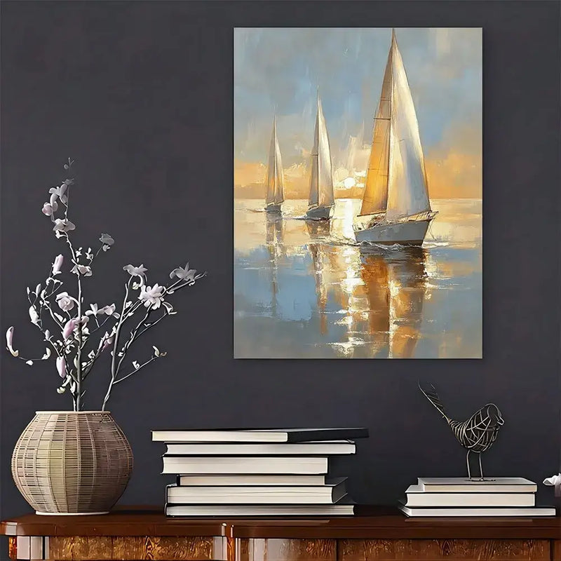 Charming pastel canvas art of sailing boats at sea, framed in wood, ideal for home decor and thoughtful gifts.