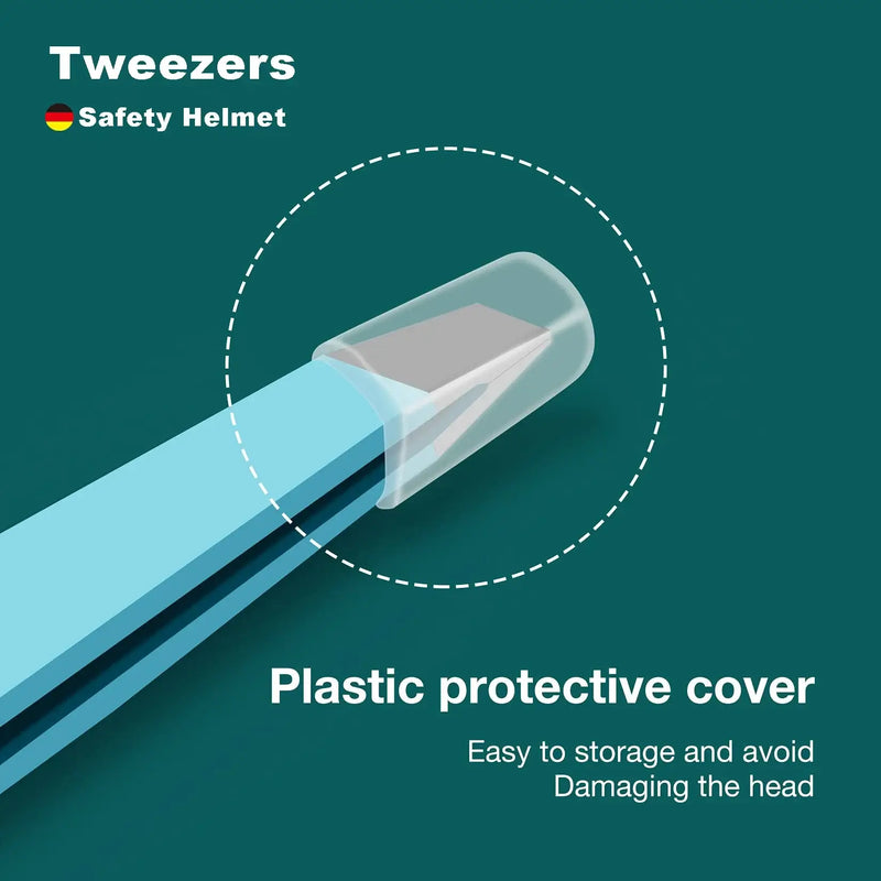 Colorful tweezers with a plastic protective cover for safe storage and head protection.