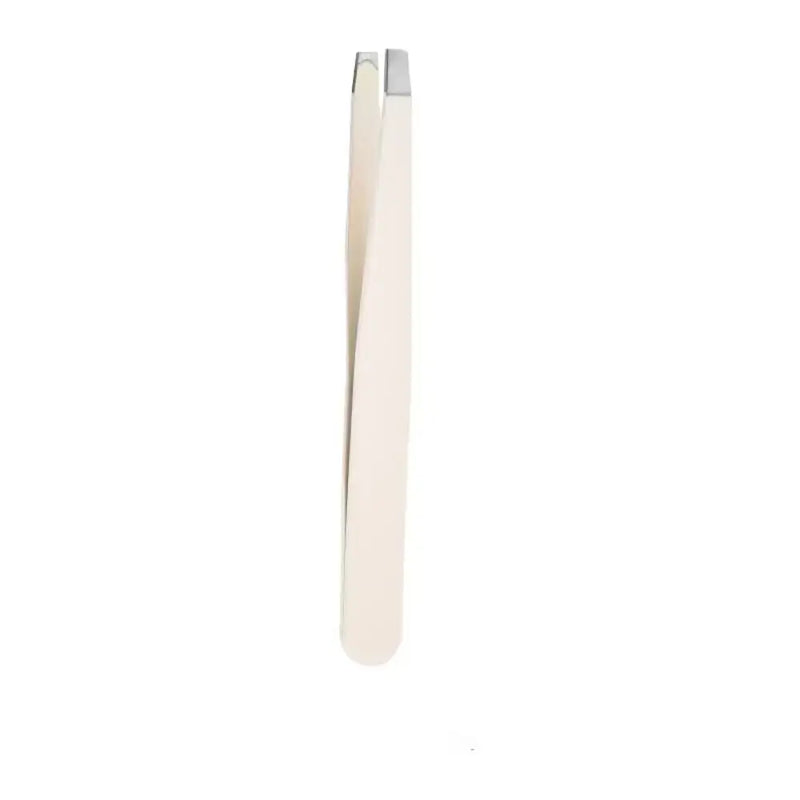 Stainless steel eyebrow tweezers with oblique tip, ideal for makeup and facial hair removal.