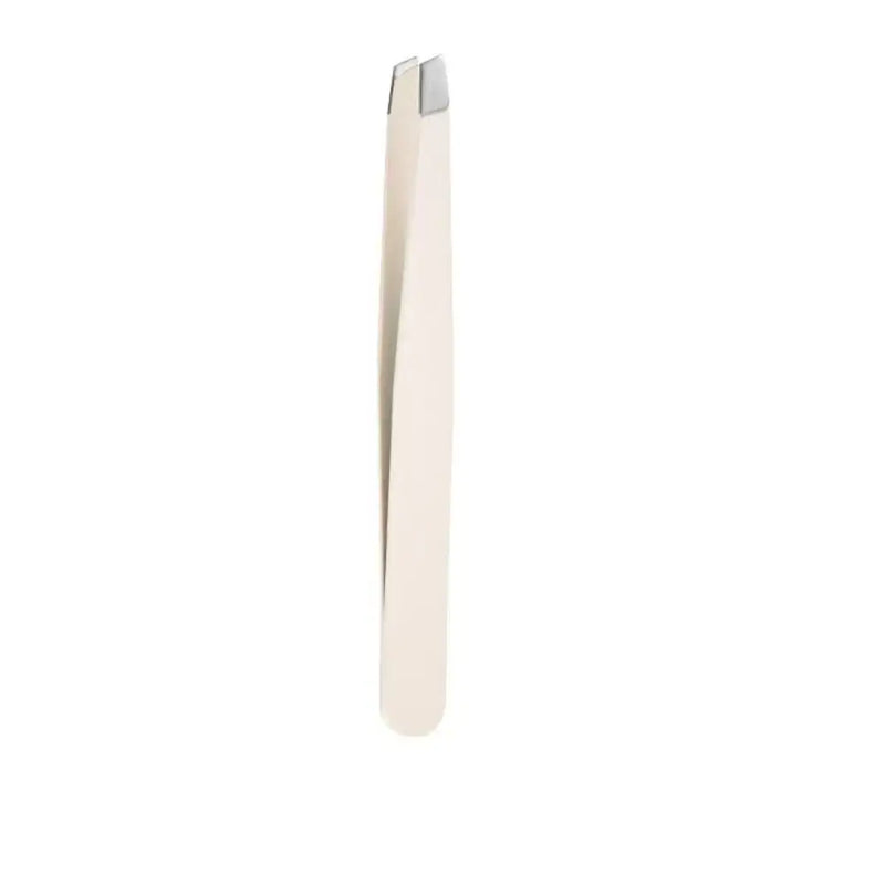 Stainless steel eyebrow tweezer with oblique tip for precise hair removal, perfect makeup tool for women.