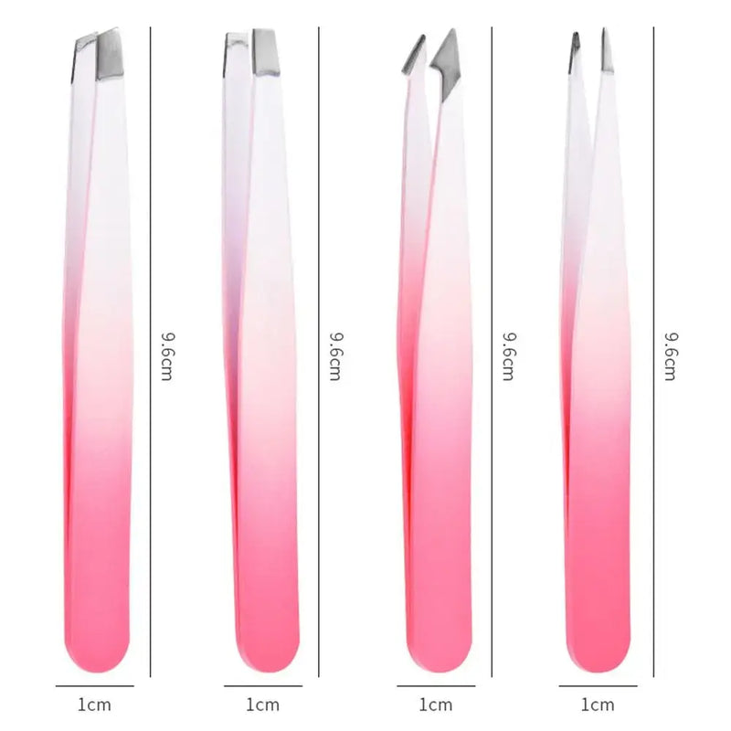 Stainless steel eyebrow tweezers set, featuring flat and slant tips in a pink gradient design, 9.6cm in length.