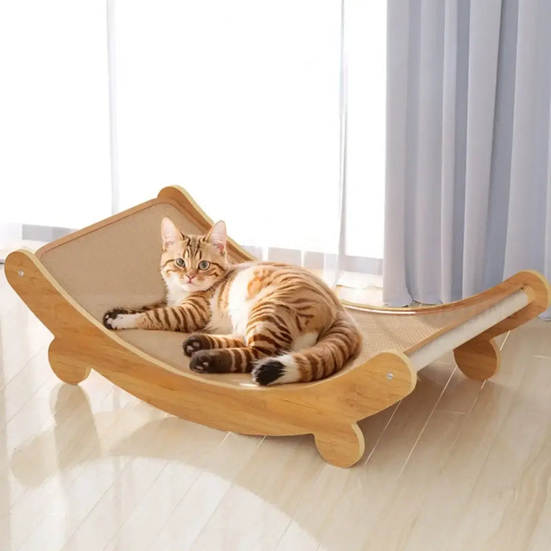 Cozy cat lounging on a wooden scratching board, perfect for scratching and sleeping, enhancing pet comfort.