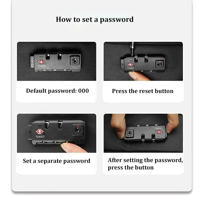 Instructions on how to set a password for a bag's lock, featuring four steps: default, reset, set new password, confirm.