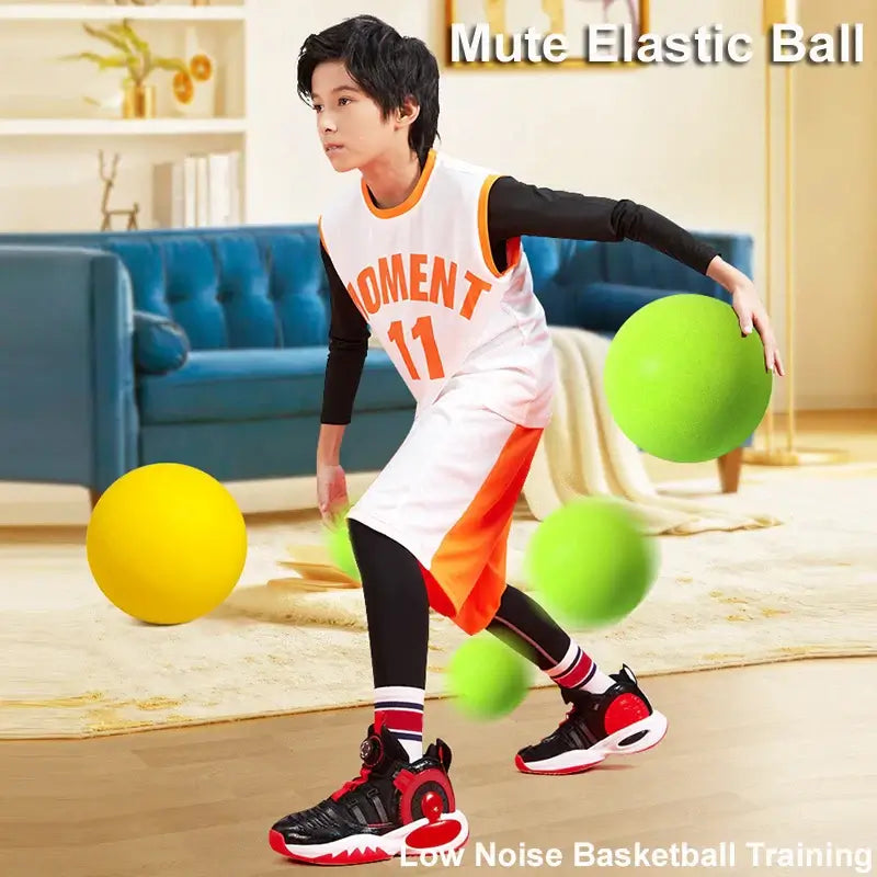 Child playing with mute elastic balls for low noise basketball training in a living space.