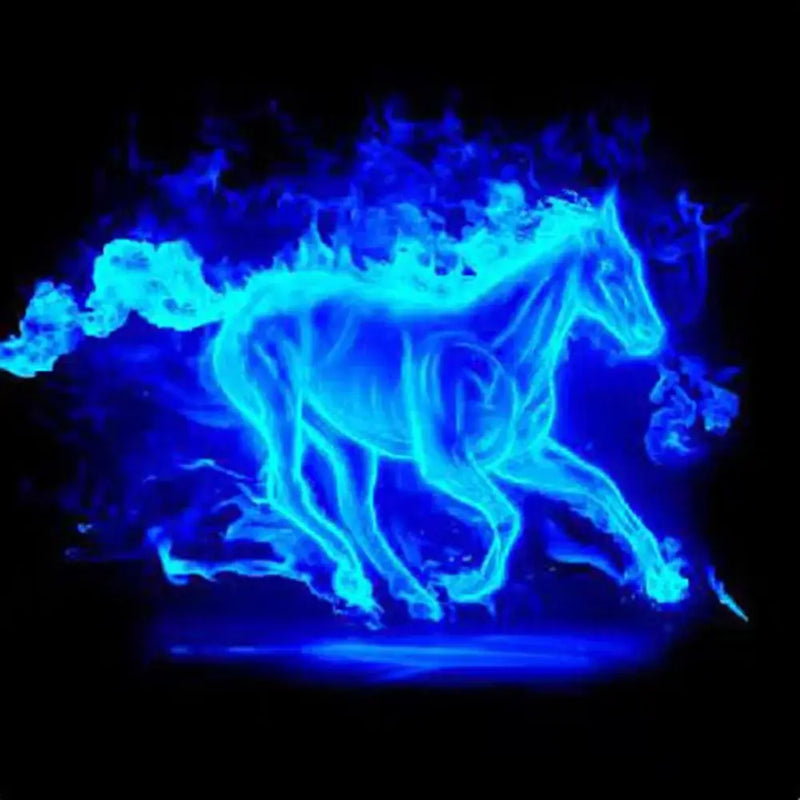 A glowing blue horse running with flames, creating a mesmerizing visual effect against a dark background.