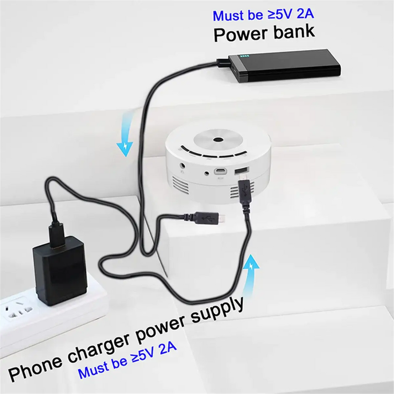 Diagram showing YT200 mini projector connected to a power bank and phone charger for power supply.