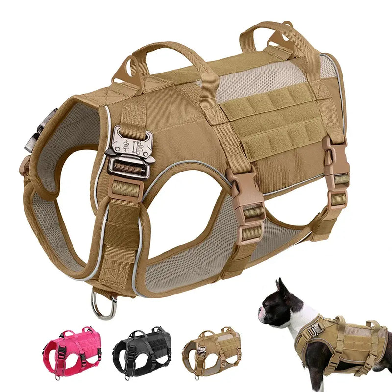 Durable nylon tactical dog harness for medium and large dogs, available in black, khaki, and pink.