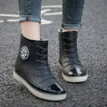 Women’s black high top rain boots with laces and side logo, ideal for waterproof garden and kitchen use.