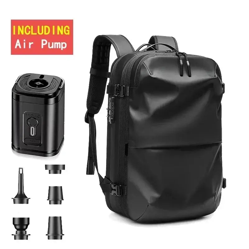 Men's waterproof travel backpack in black, includes vacuum pump and attachments for expandable storage.