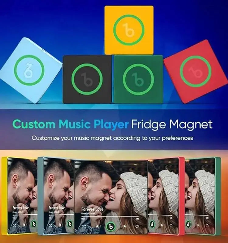 Custom Music Player fridge magnets in various colors with personalized music player designs for a fun and meaningful gift.