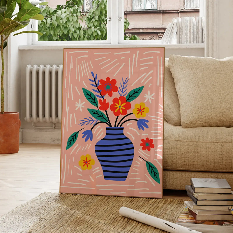 Modern wall art print featuring a vase with colorful flowers on a pink background for home decor.