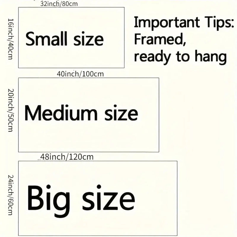 Size guide for framed wall art, showing small, medium, and big sizes, ready to hang.