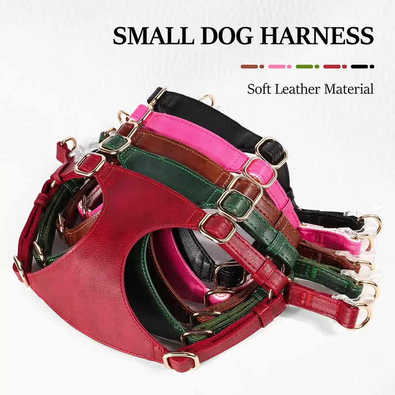 Various colors of small dog harnesses made from soft leather material, featuring adjustable straps.