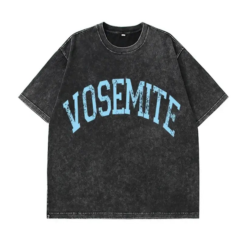 Black vintage oversized t-shirt with blue 'Yosemite' graphic print for casual summer wear.