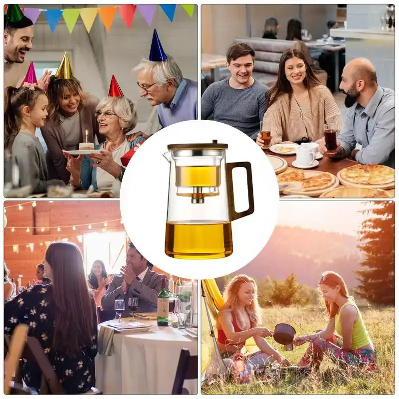 Collage of tea moments, featuring a glass teapot with infuser at celebrations, gatherings, and outdoor relaxation.