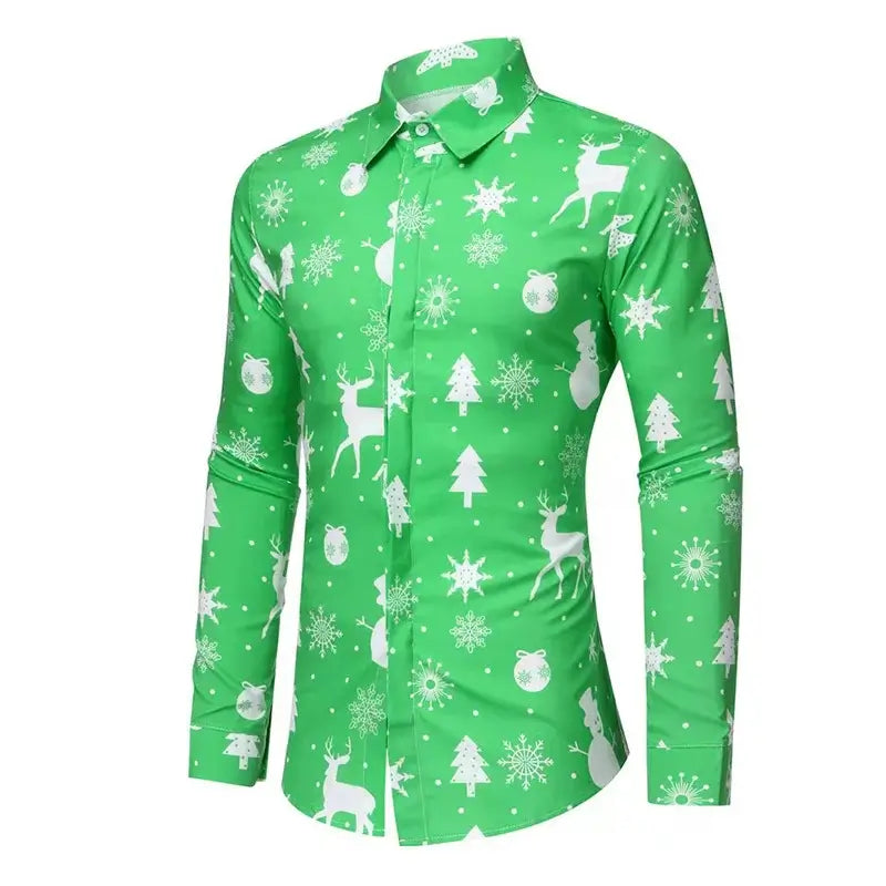 Men's long sleeve Christmas shirt in green, featuring festive snowflakes, reindeer, and tree patterns for casual holiday wear.