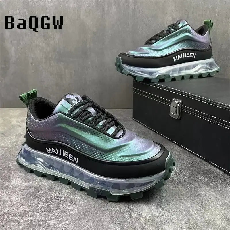 Stylish BaQGW chunky sneakers with air mesh upper, thick rubber sole, and lace-up design in a sleek color block style.