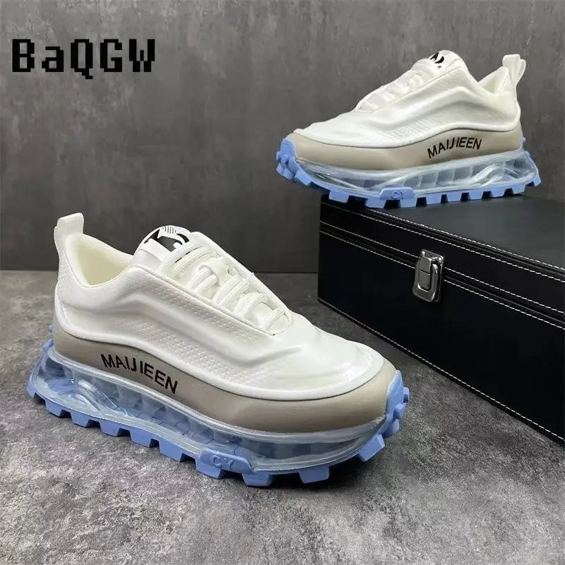 BaQGW chunky sole lace-up sneakers in white and blue, breathable mesh casual running shoes for men.