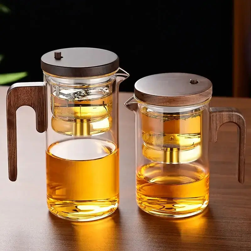 Heat-resistant glass teapot with stainless steel infuser, showcasing two elegant designs for tea enthusiasts.