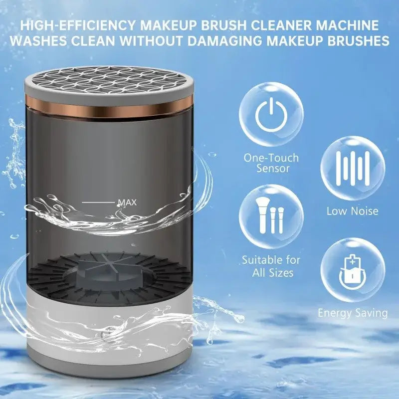 High-efficiency electric makeup brush cleaner automates washing without damage, featuring one-touch sensor and energy-saving design.