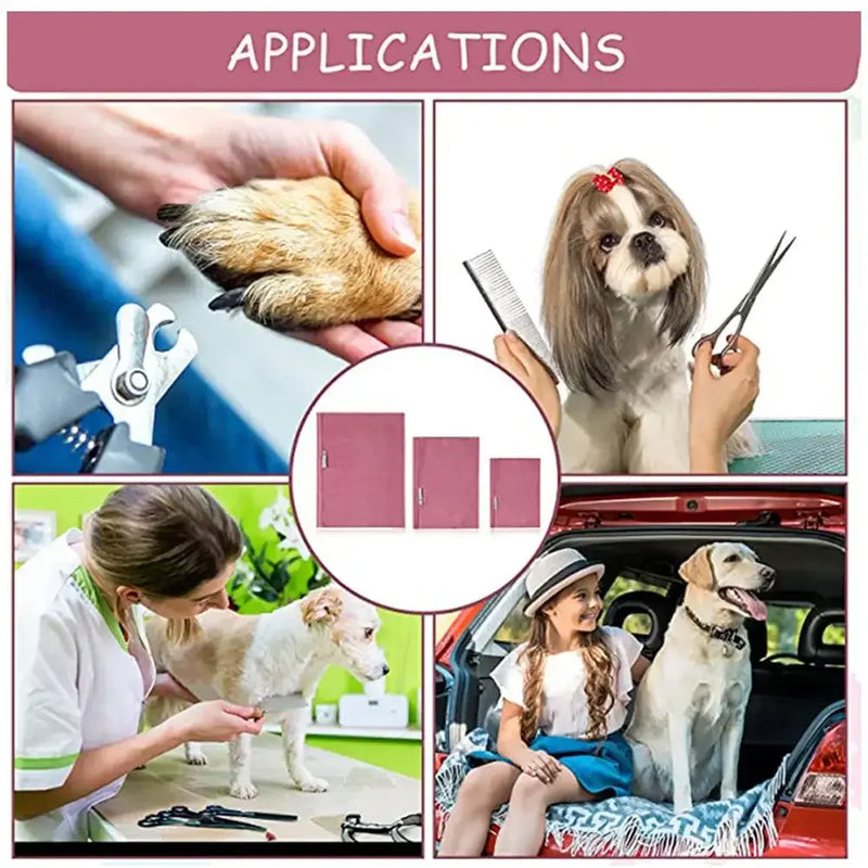 Collage of pet grooming applications including trimming, combing, and washing dogs.