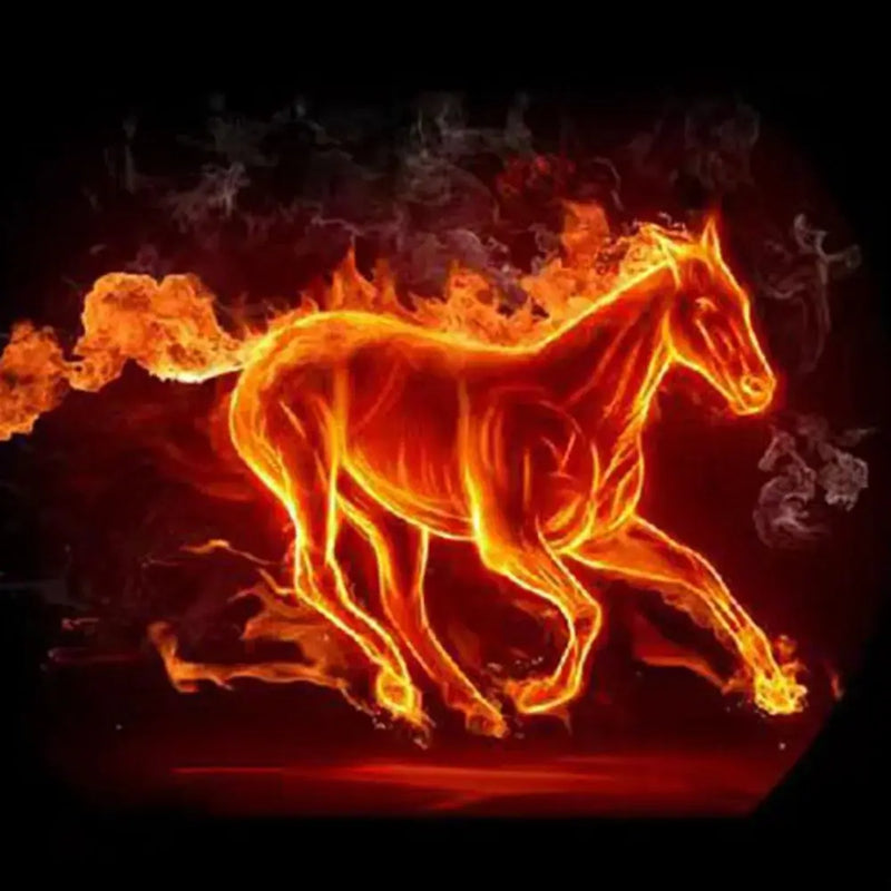 Fiery illustration of a horse running amidst flames and smoke, showcasing dynamic motion and vibrant colors.