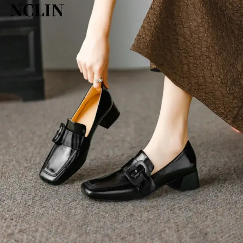 Chunky heel black loafers with square toe and belt buckle, made of genuine leather for women, ideal for spring/autumn.