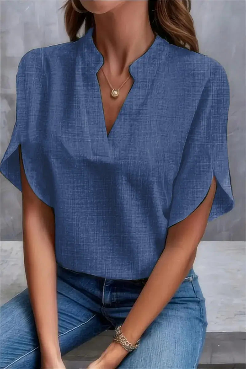 Casual women's V-neck cotton linen blouse in blue, perfect for summer office wear, showcasing elegant style.