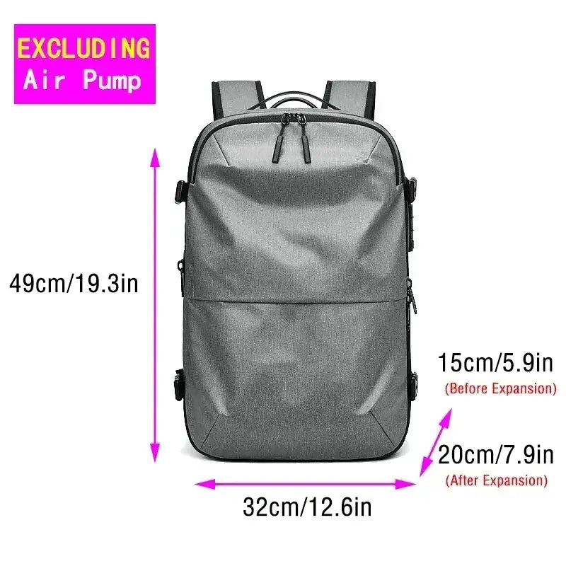 Men's fashion casual backpack dimensions 49cm x 32cm x 15-20cm, waterproof, expandable storage, excluding air pump.