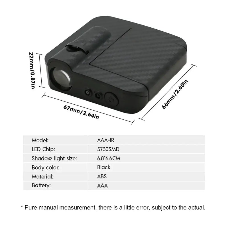 LED automotive welcome light unit model AAA-IR, featuring ABS body, 5730SMD chip, and compact black design.