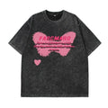 FARCIMARO oversized black denim t-shirt with pink butterfly and heart graphic design for a casual fashion look.